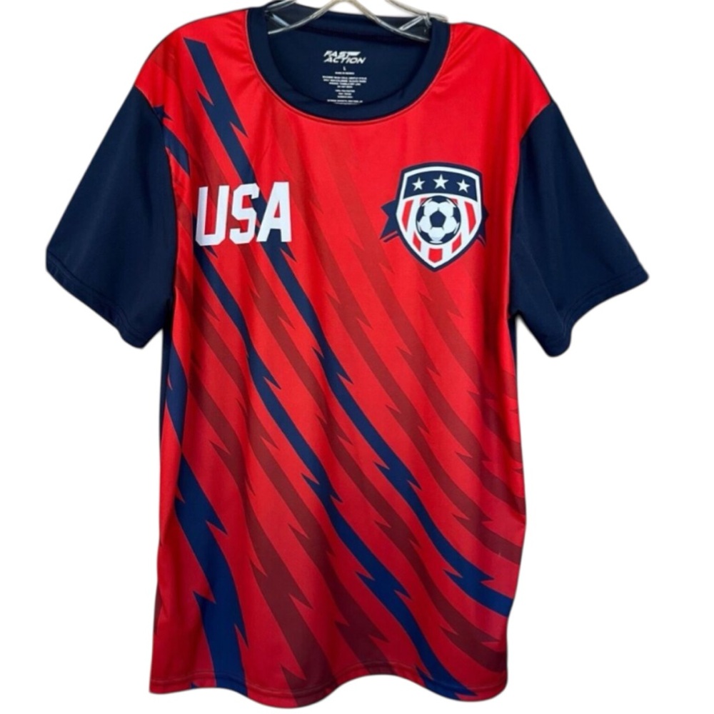 Fast Action USA Men’s Red & Blue Soccer Graphic T-Shirt Short Sleeve Size Large